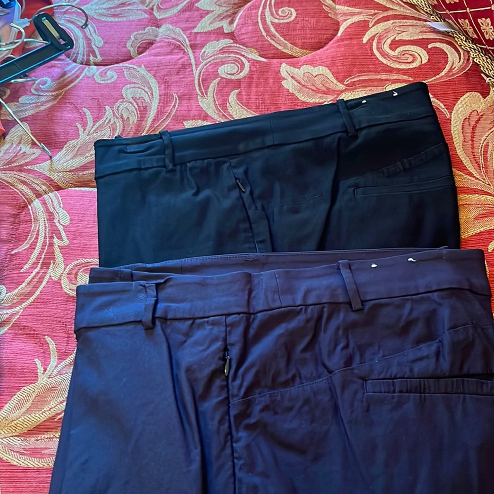 Bundle of 2 straight leg flat front pants w notched leg and side zip pockets